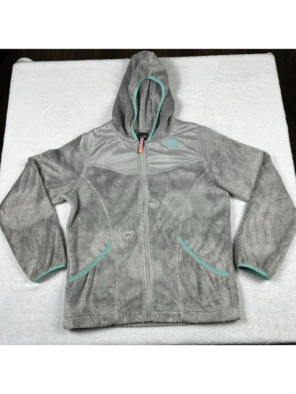 The North Face Girls XL 18 Gray Turquoise Fleece Full Zip Hooded Jacket